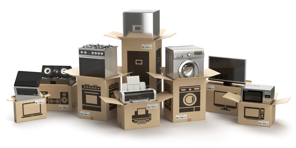 home Electronics and Household kitchen appliances in boxes isolated on white.