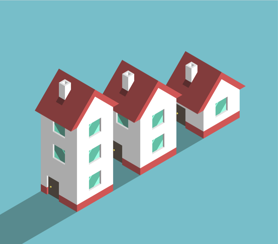 three illustrated white houses with red roofs in a row decreasing in size on a light blue background