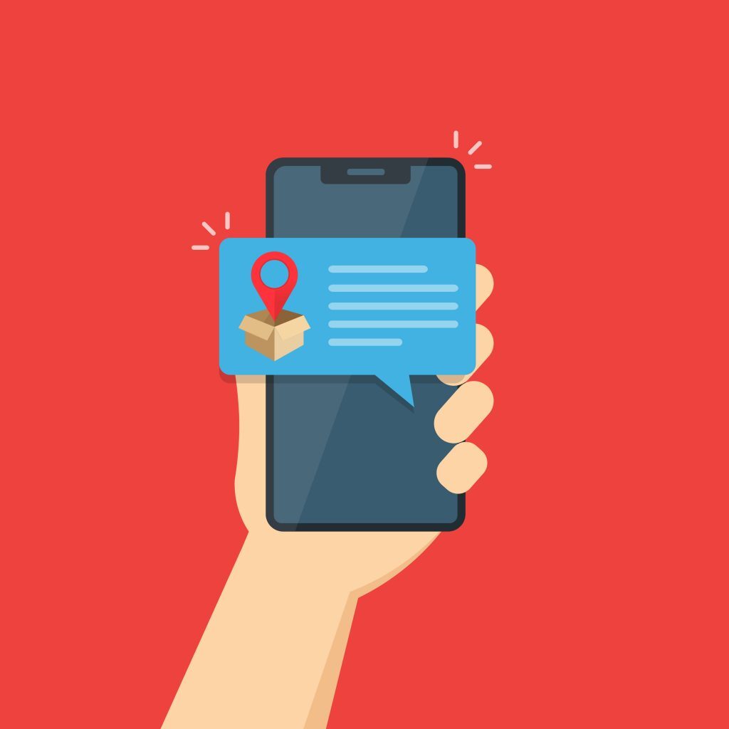 Cell phone graphic against red backroung with notes and a moving box